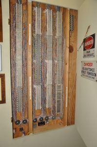 Clock wire terminal. Clocks are all wired with telephone wire to telephone punch blocks and then to the power source. The power source is sealed rechargeable batteries.