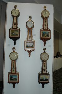 An excellent assortment of the various full size electrically wound Sangamo Banjo Clocks.